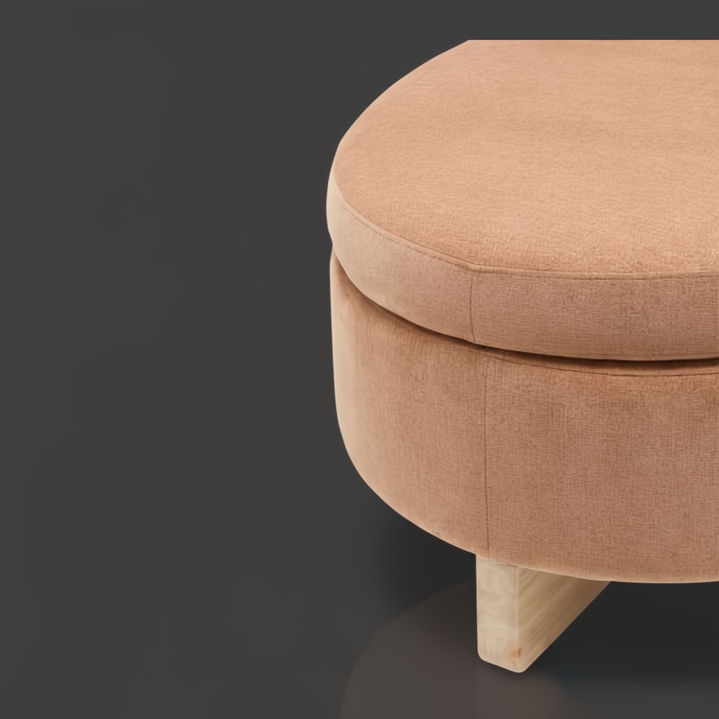 Surya Corson round storage ottoman in peach polyester with light wood legs.
