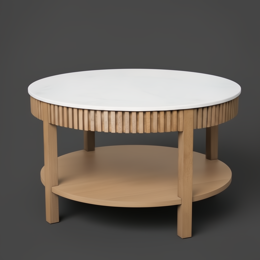 Surya Rosemary 32" round coffee table with white marble top and fluted mango wood base.
