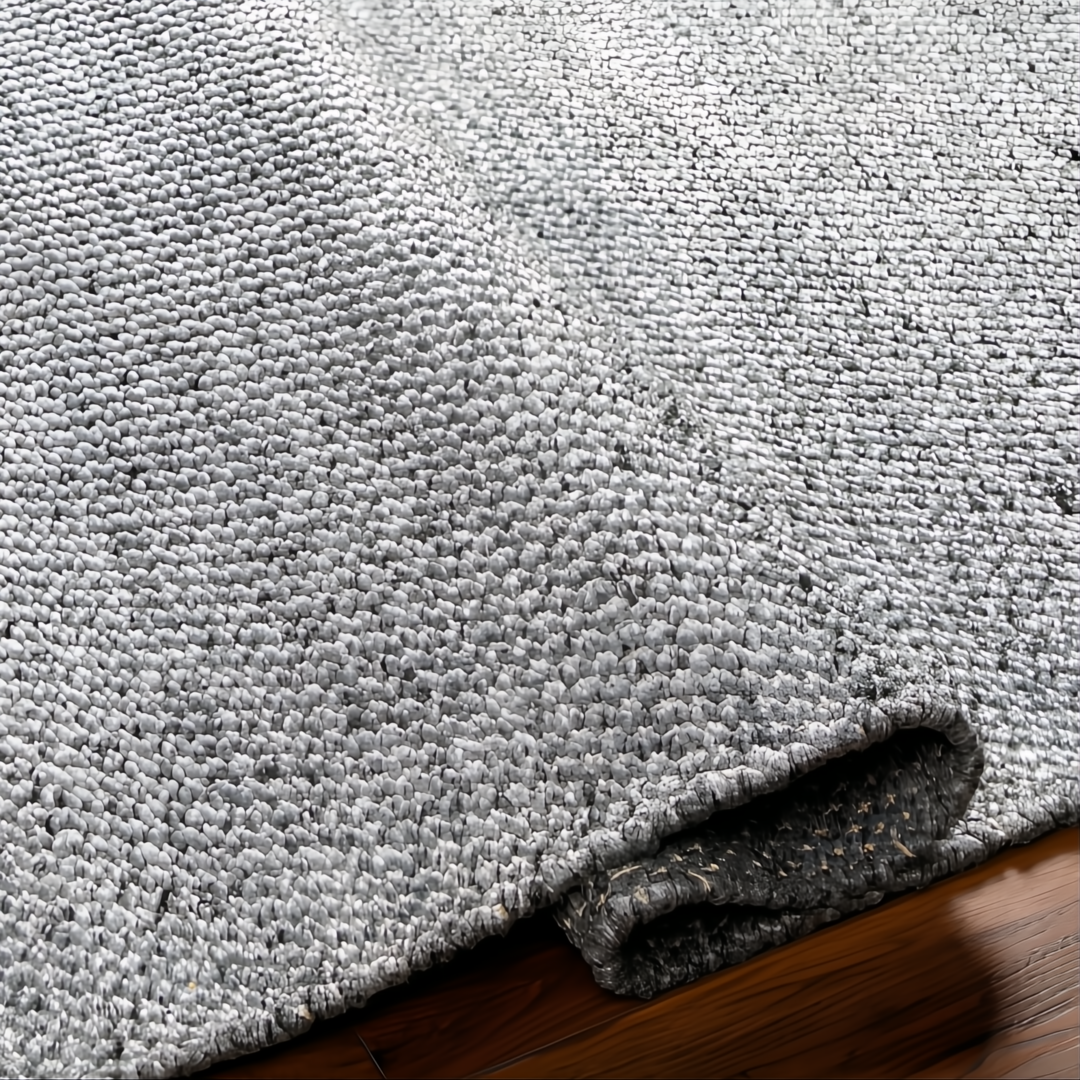 Hand-woven gray Surya Abby ABB-2300 area rug made from recycled PET yarn, partially rolled on a wood floor.