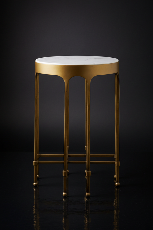 Surya Engel end table with a round white marble top and metallic brass iron base.