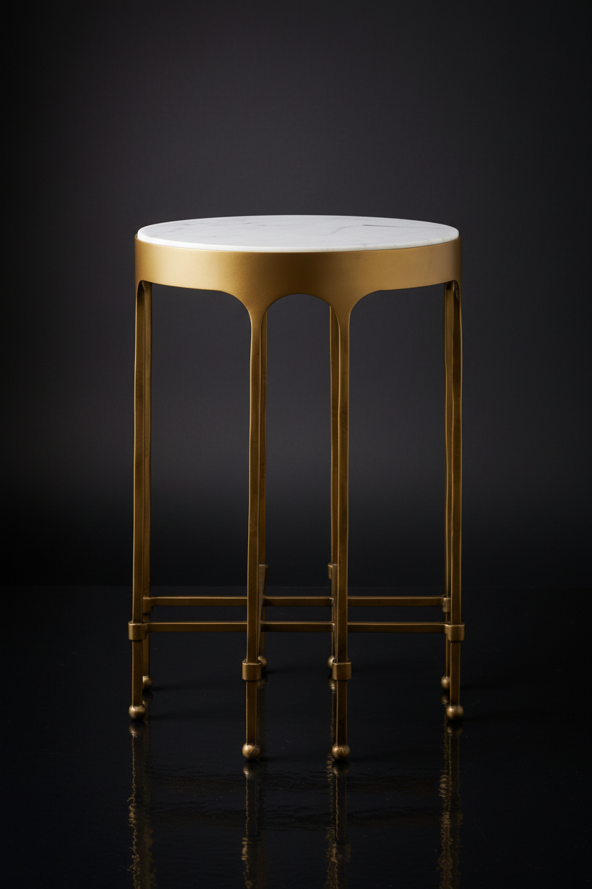 Surya Engel end table with a round white marble top and metallic brass iron base.