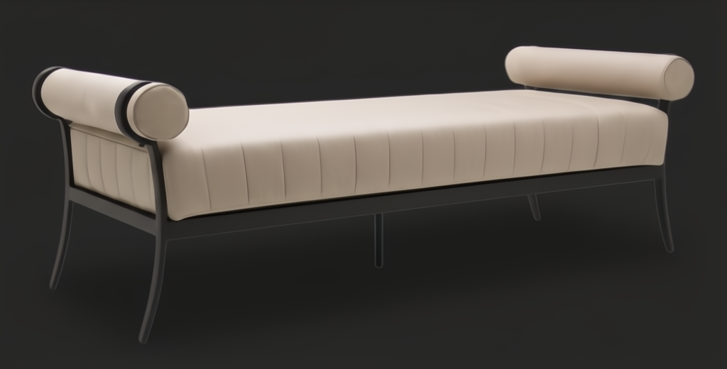 Surya Antibes outdoor bench with a light beige Sunbrella acrylic cushion, black aluminum frame, and bolster arms.