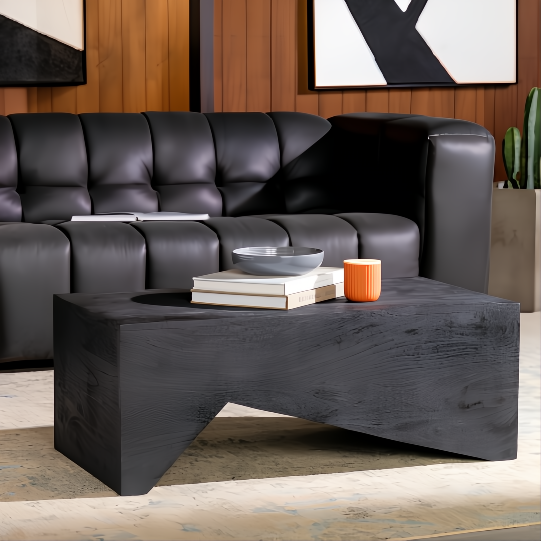 Surya Neemrana black brushed acacia wood coffee table with exposed grain, 15"H x 39"W x 22"D.