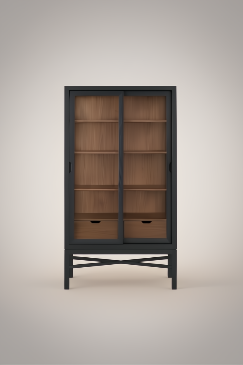 Tall black and brown Marin bookcase with glass sliding doors, adjustable shelves, and two soft-close drawers.