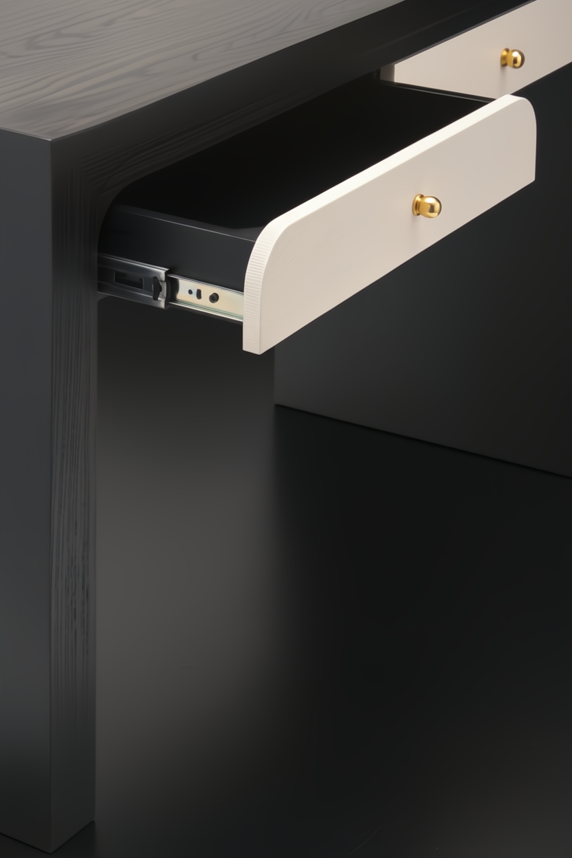 Surya Helene console table with black lacquered oak veneer top, blackened oak base, and open resin grasscloth drawer with brass knob.
