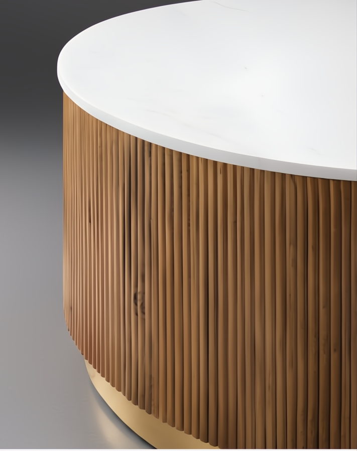 Round coffee table with white polished marble top, reeded brown mango wood base, and gold brushed brass accents.