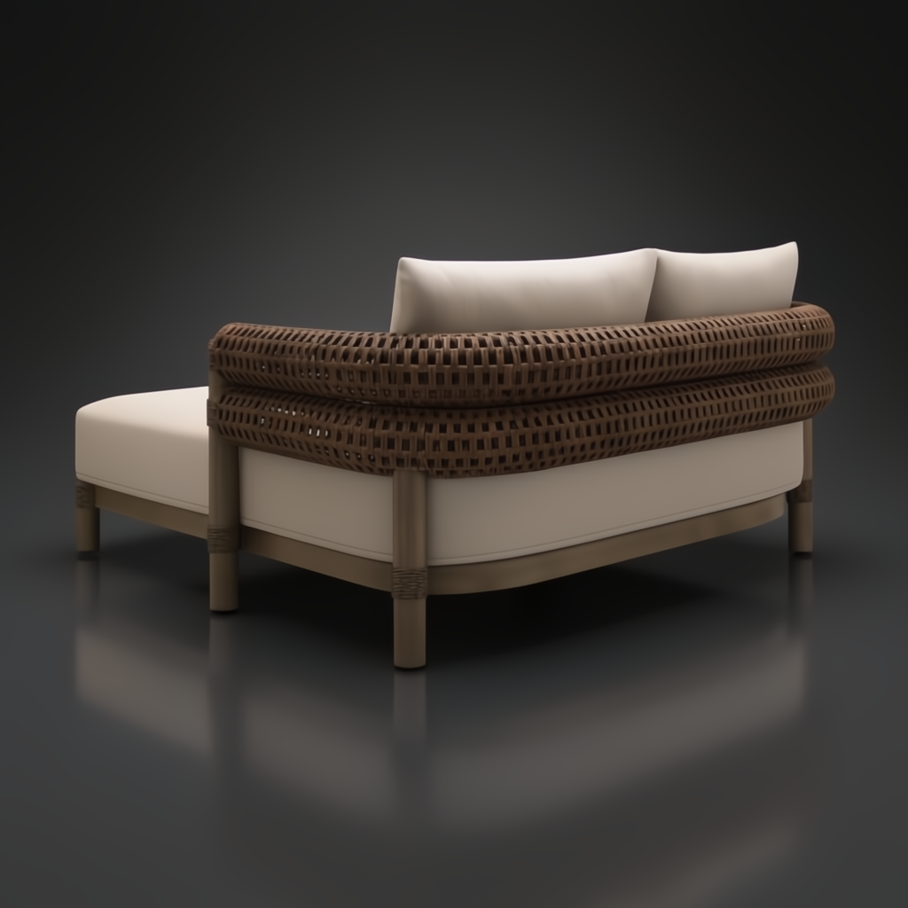 Surya Porta Daybed with beige Sunbrella cushions, brown handwoven PE wicker back, and aluminum base.