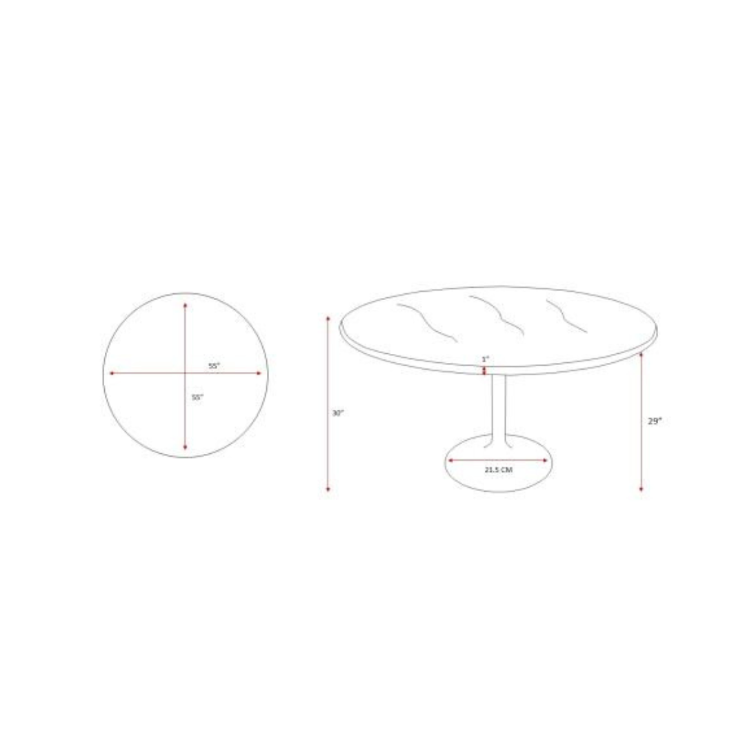 Surya Anatalia round dining table with black polished marble top and black iron base, showing dimensions.