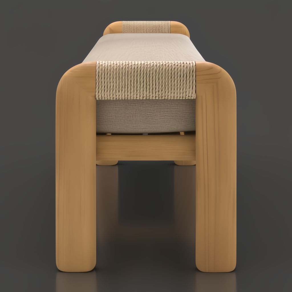 Surya Palma Bench: Teak wood bench with rounded legs, woven rope accents, and light beige Sunbrella upholstery.