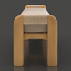Surya Palma Bench: Teak wood bench with rounded legs, woven rope accents, and light beige Sunbrella upholstery.