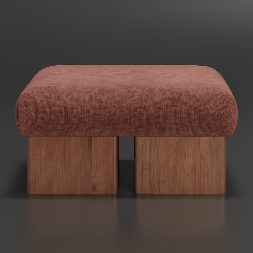 Surya Mirava Ottoman with a rectangular, upholstered rust-colored polyester top and two wooden block legs.