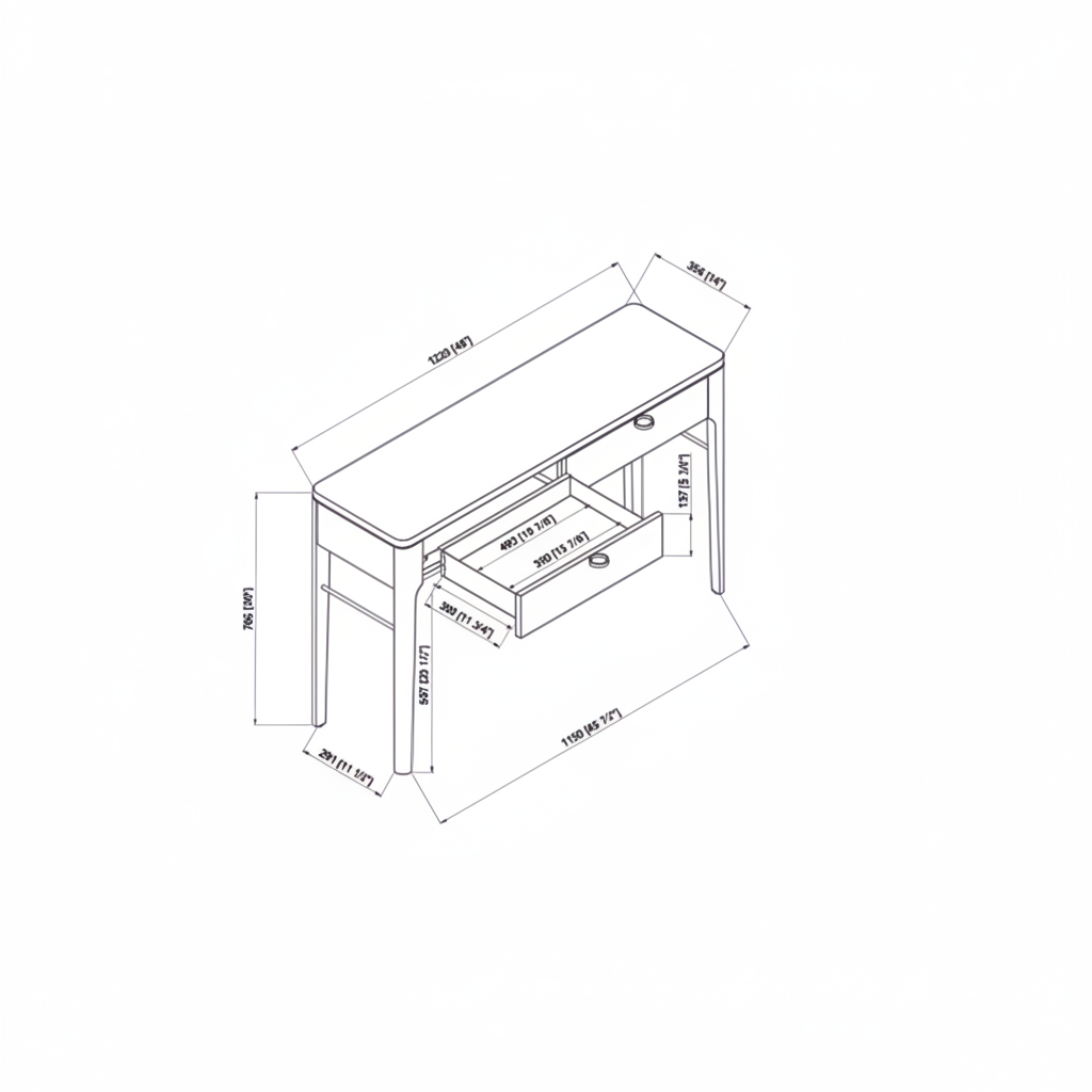 Technical drawing of the Surya Anello Console Table, showing dimensions, brown top, and two drawers.