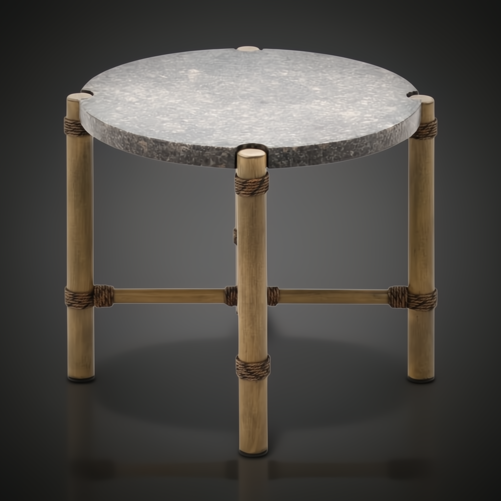 Round Surya Porta End Table with dark brown matte stone top, brown aluminum legs, and PE rope accents.