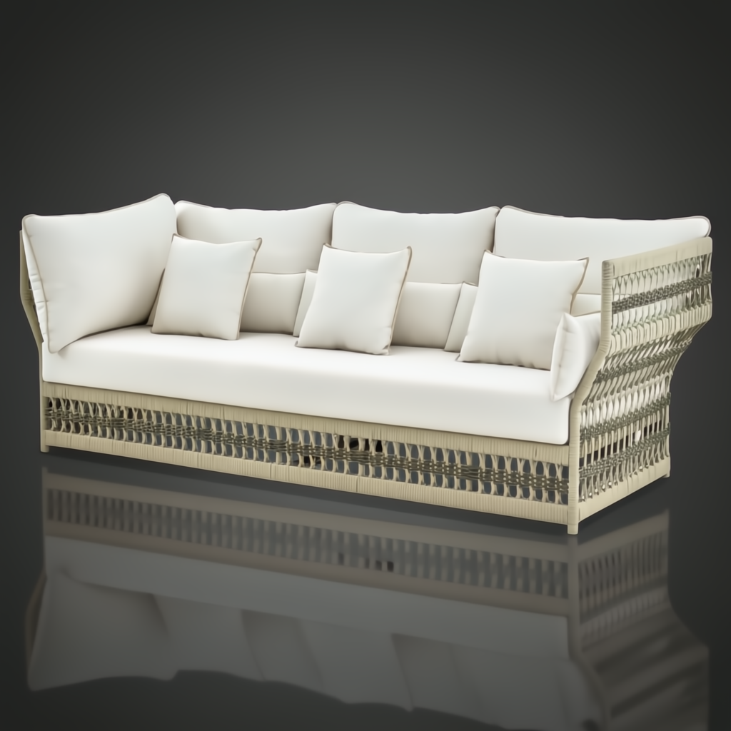 Cream Winder Sectional with Sunbrella acrylic upholstery, quick-dry foam, and handwoven PE rope detail.