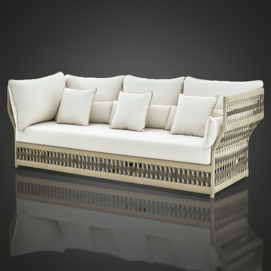 Cream Winder Sectional with Sunbrella acrylic upholstery, quick-dry foam, and handwoven PE rope detail.