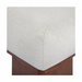 Close-up of a square ottoman with a light beige polyester top and a dark brown rubber wood base.