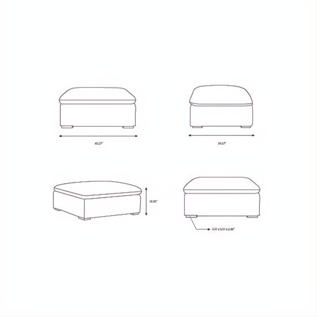 Line drawings of the Avington ottoman showing its 45" wide, 18.9" high dimensions from four angles.