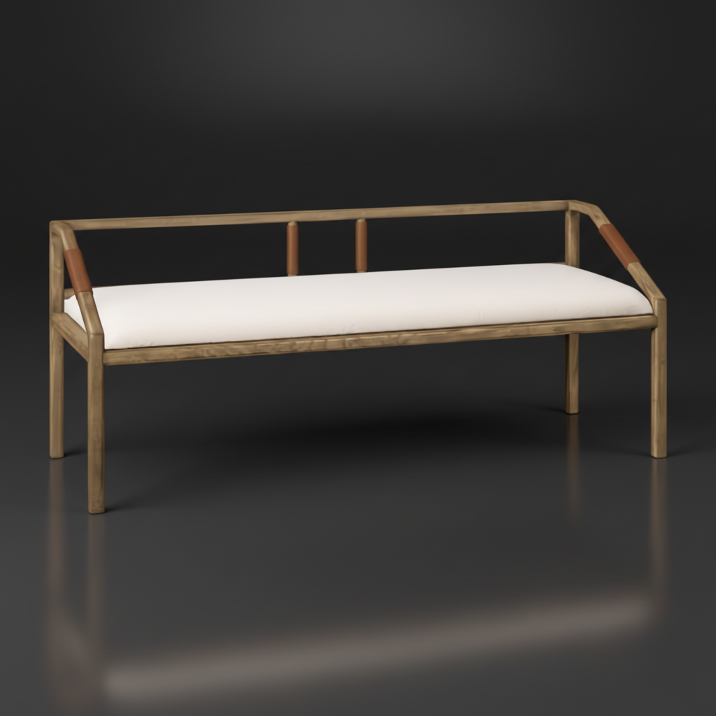 Surya Atra Bench with light beige upholstered seat, brown red oak frame, and leather cord details.