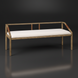 Surya Atra Bench with light beige upholstered seat, brown red oak frame, and leather cord details.