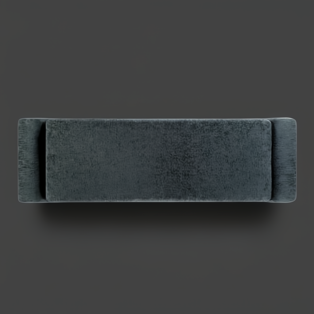 Top-down view of a long, low profile Surya Cascadia teal upholstered bench with a pine base.