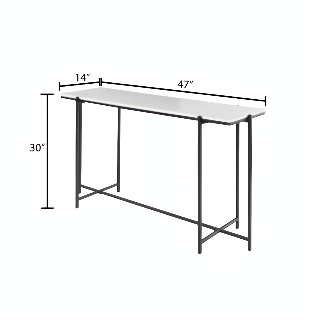 Surya Anaya Console Table with white natural marble top and black powder-coated iron base, 30"H x 47"W x 14"D.