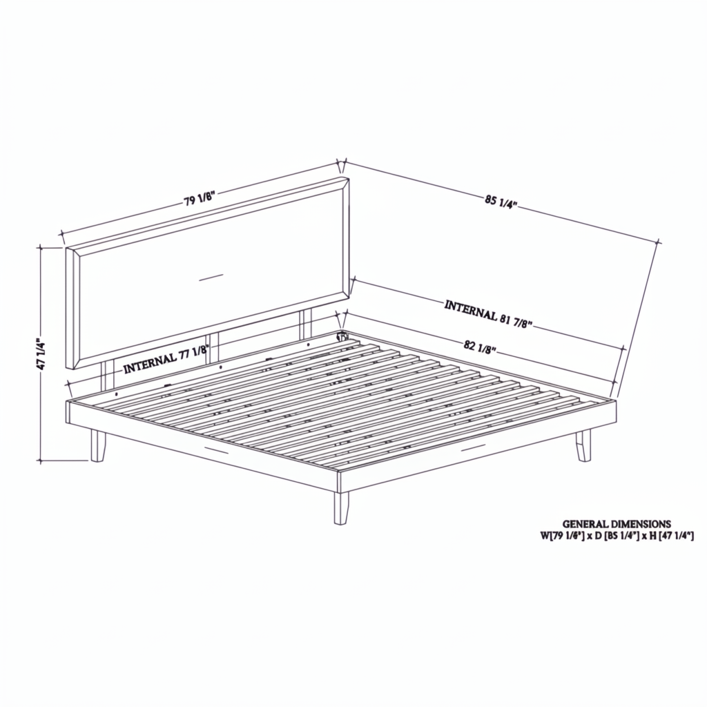 Pryce Queen platform bed diagram with dimensions, showing low-profile design and slatted base.