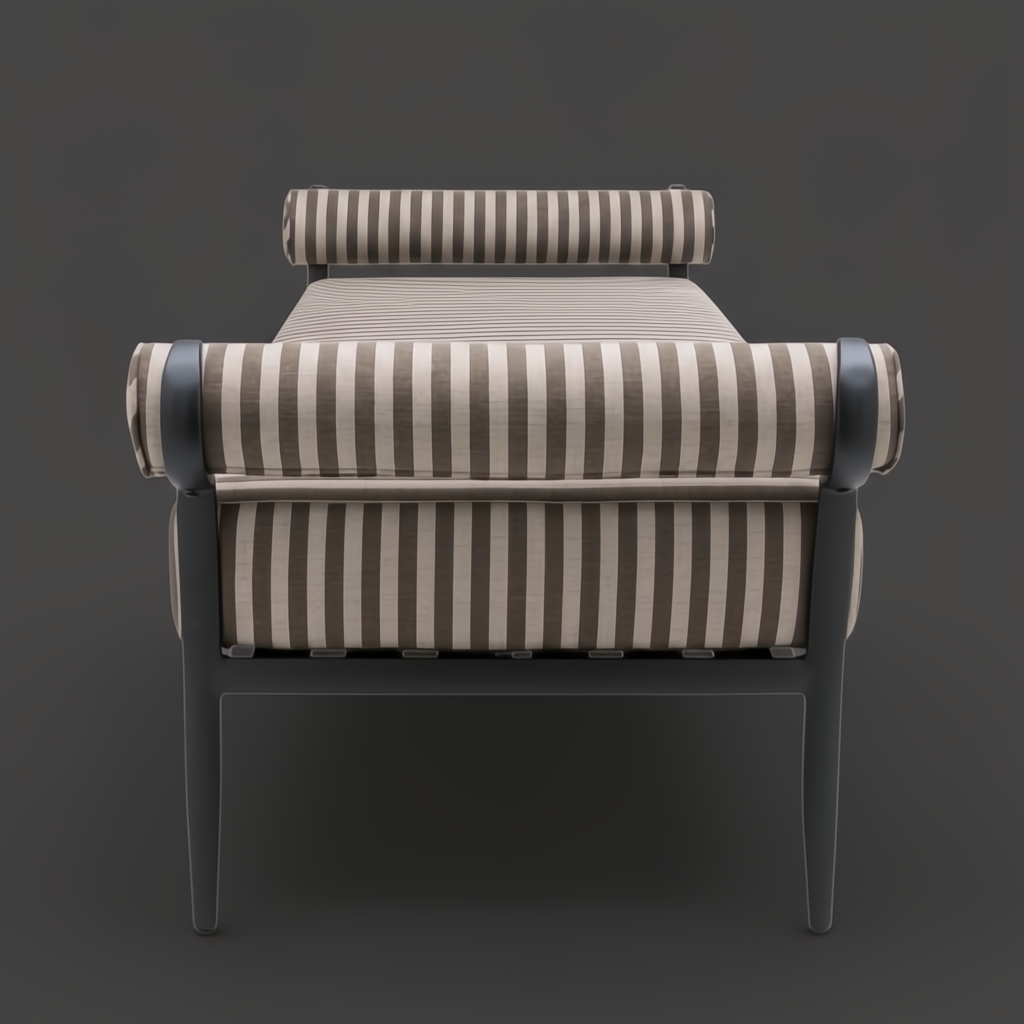 Surya Antibes outdoor bench with brown and beige striped Sunbrella upholstery and black aluminum base.