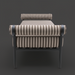 Surya Antibes outdoor bench with brown and beige striped Sunbrella upholstery and black aluminum base.