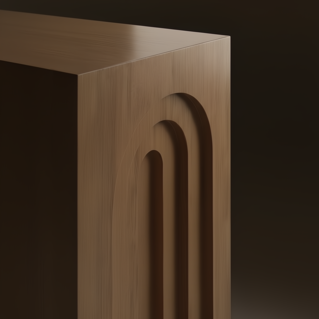 Surya Arwyn console table, brown brushed hemlock wood with carved arched details, minimalist design.