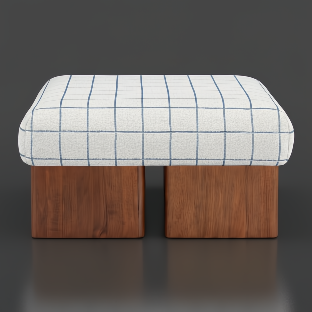 Surya Mirava Ottoman with a checkered polyester top and brown stained rubber wood base.