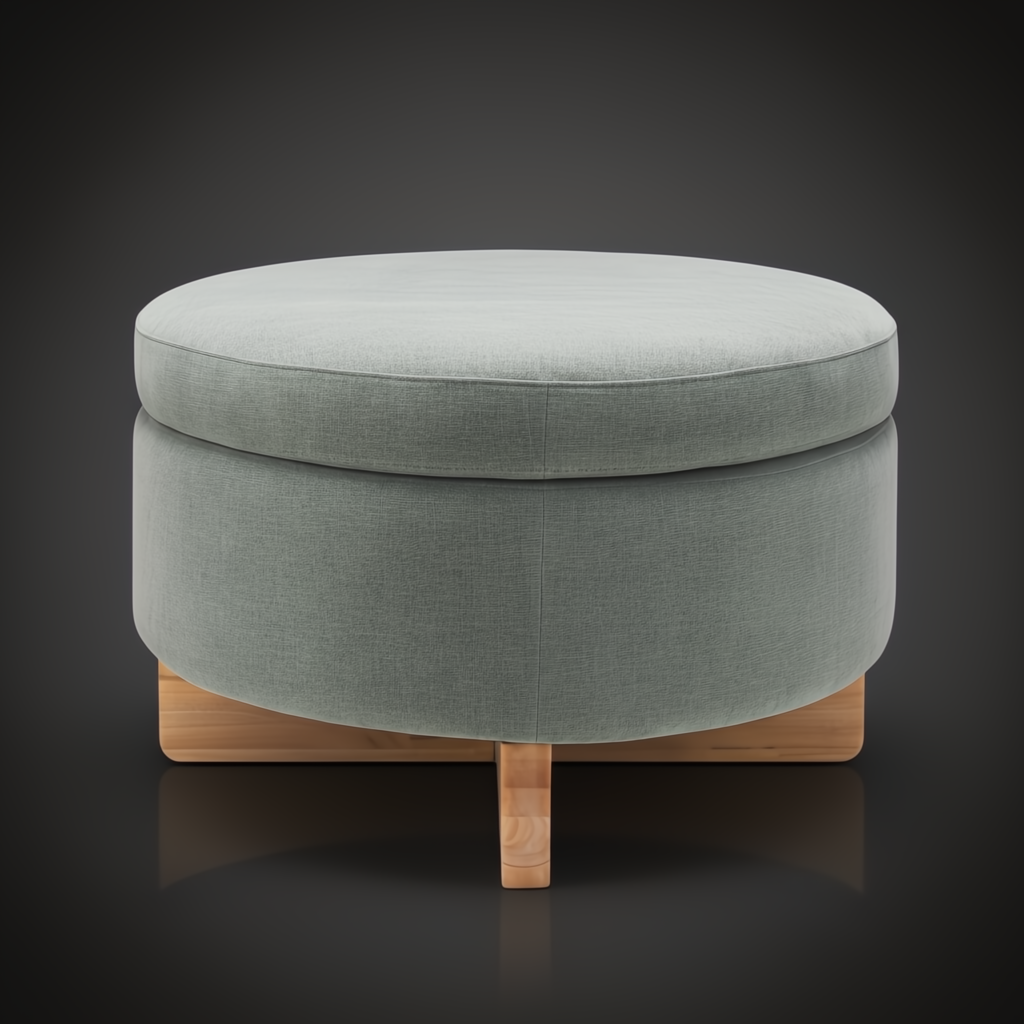 Round green upholstered storage ottoman with a light brown rubber wood base.