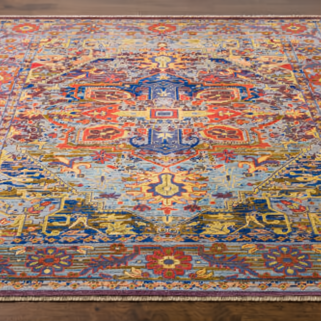 Hand-knotted wool Surya Cappadocia rug with intricate traditional patterns in Dusty Sage, Mauve, Blue, Mustard, and Olive.
