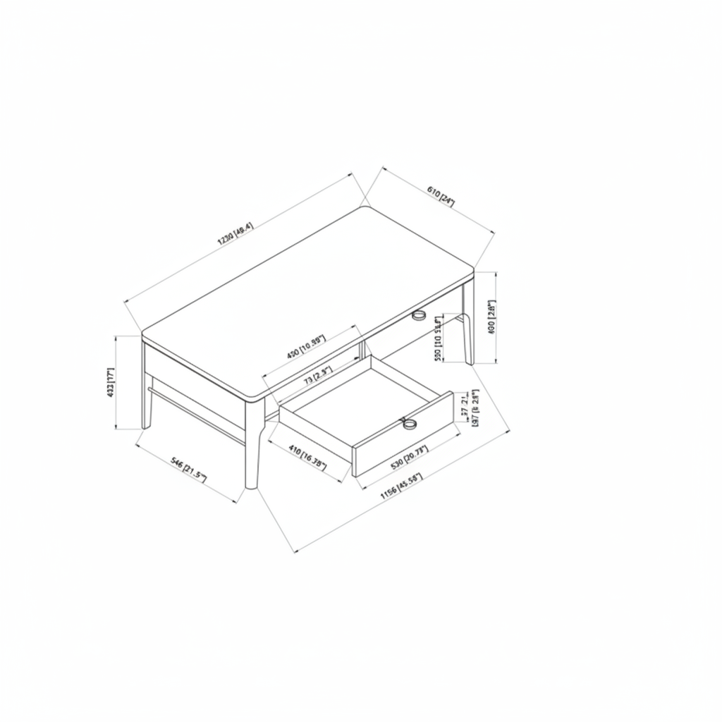 Diagram of Surya Anello Coffee Table, showing rectangular brown wood top, brown/metallic brass base, and dimensions.