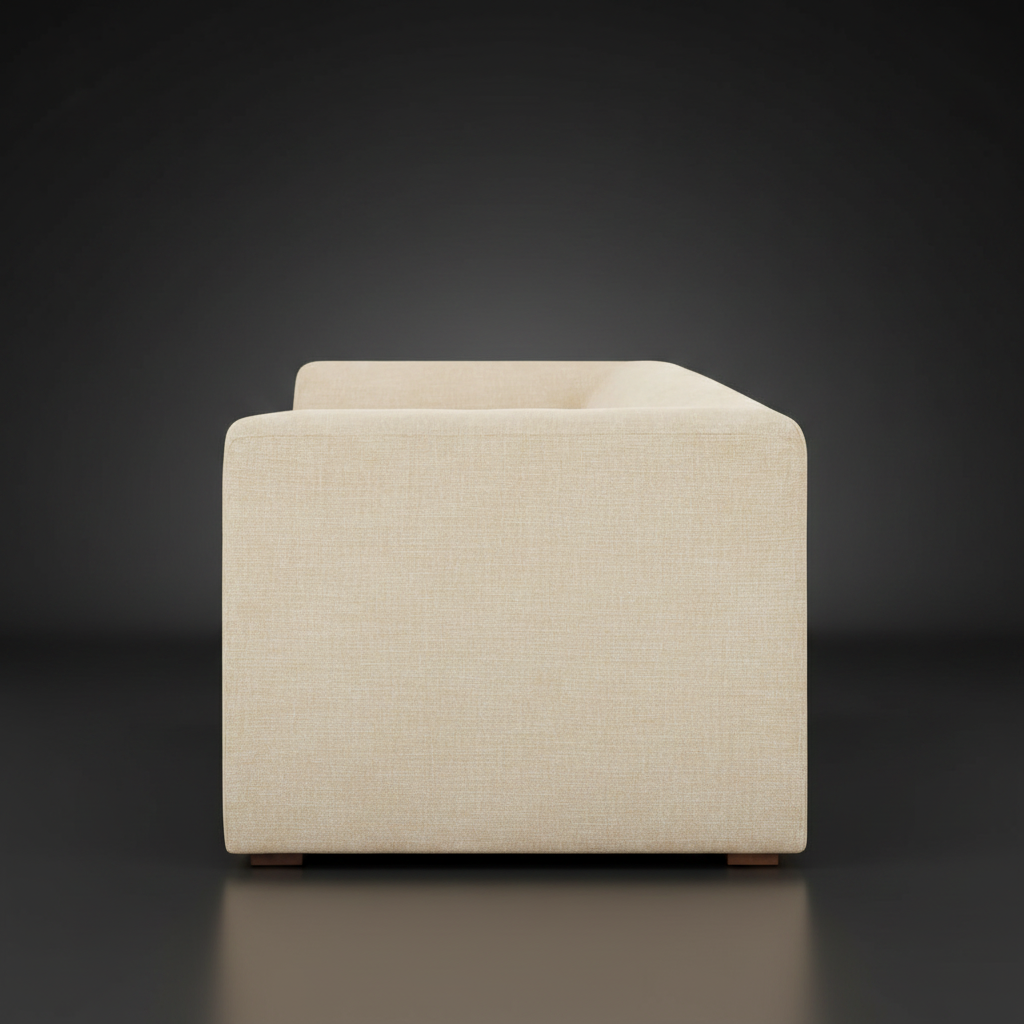 Surya Amory modern beige fabric sofa with clean lines and a refined profile, side view.