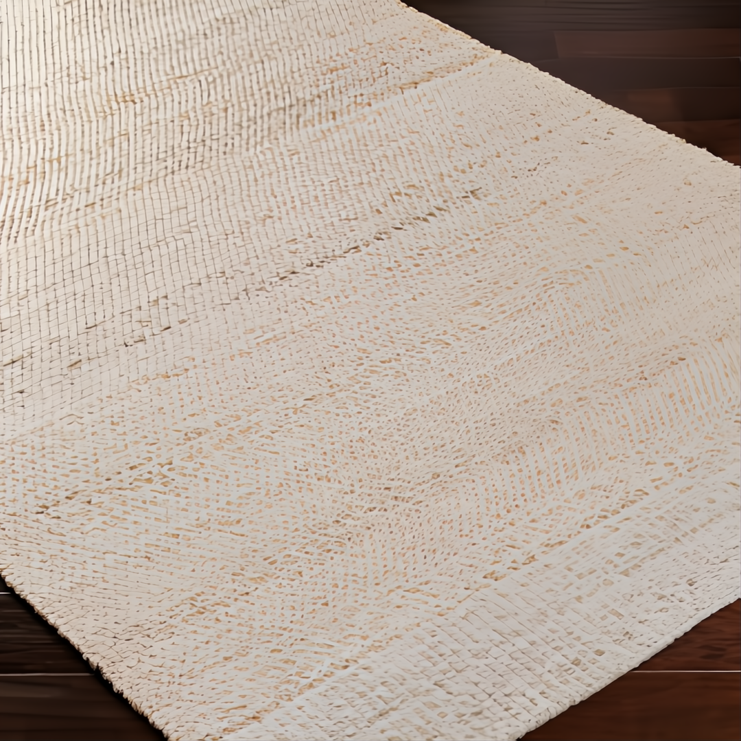 Surya Abby ABB-2301 hand-woven area rug in a neutral, light beige, low-pile texture on dark wood floor.