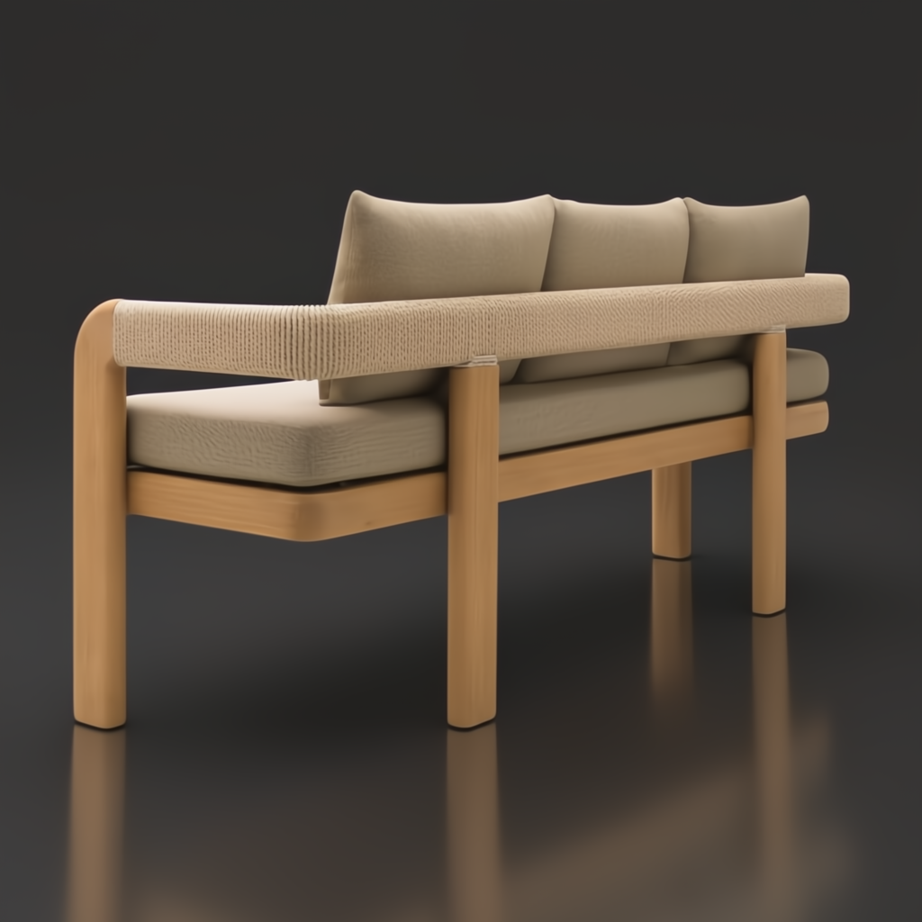 Surya Palma outdoor bench with beige Sunbrella cushions, teak wood base, and PE rope detail.
