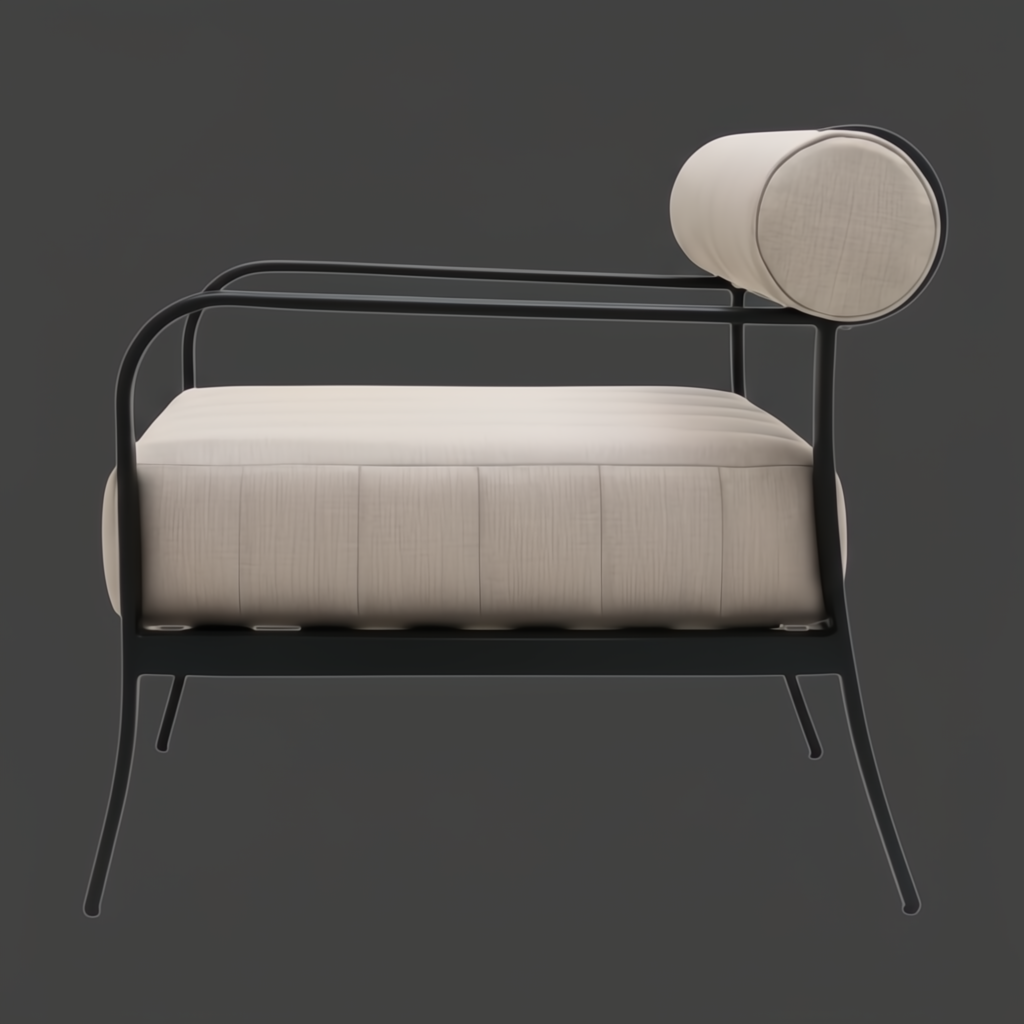Surya Antibes outdoor accent chair with beige Sunbrella cushion, black aluminum frame, and bolster backrest.
