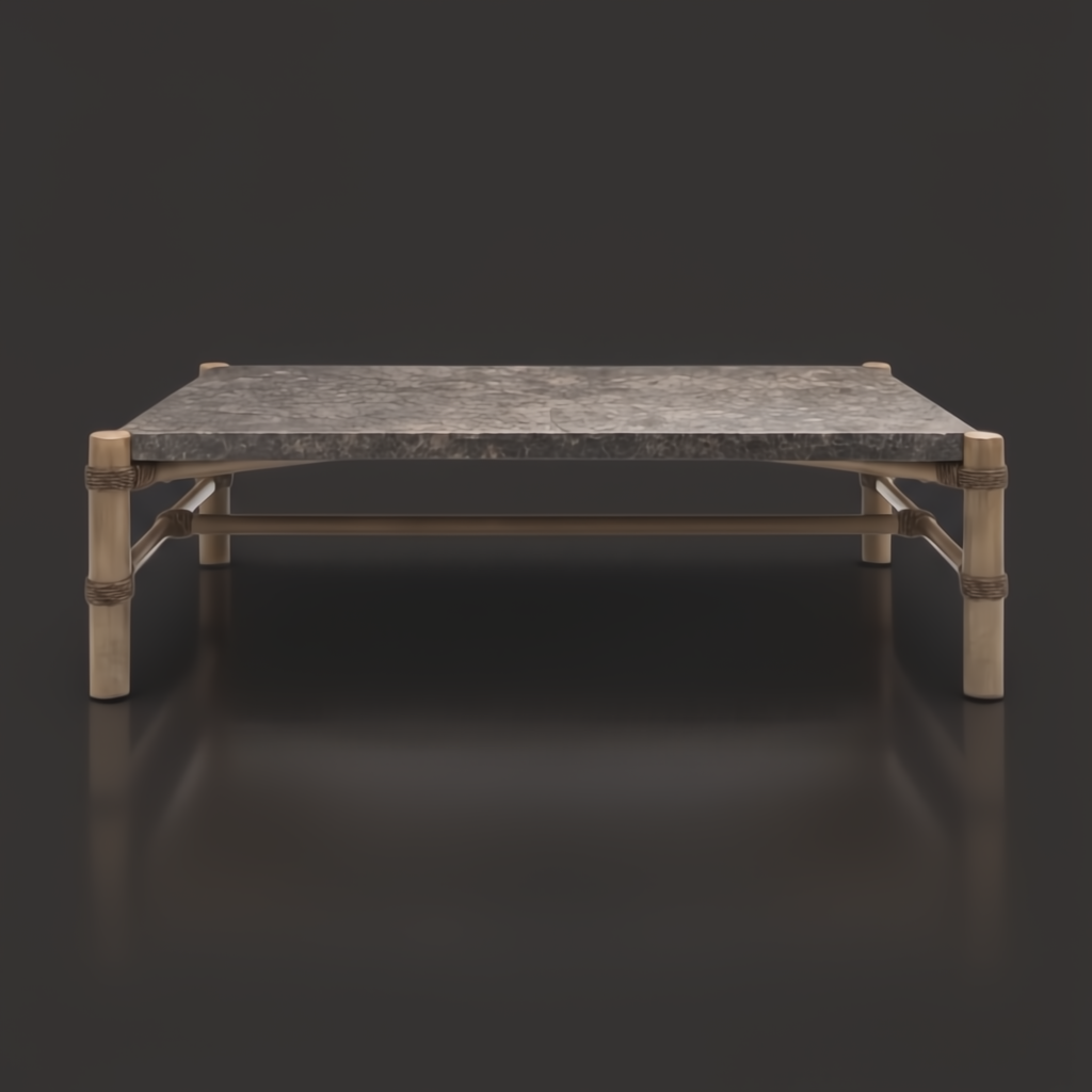 Surya Porta outdoor coffee table with charcoal matte stone top, brown aluminum base, and PE rope detail.