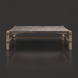 Surya Porta outdoor coffee table with charcoal matte stone top, brown aluminum base, and PE rope detail.