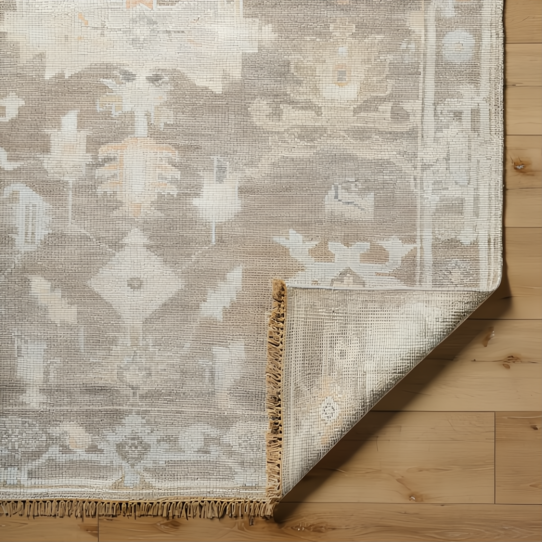 Surya Antalya AAT-2301 transitional wool area rug in muted tones with a subtle pattern, curled corner showing backing.