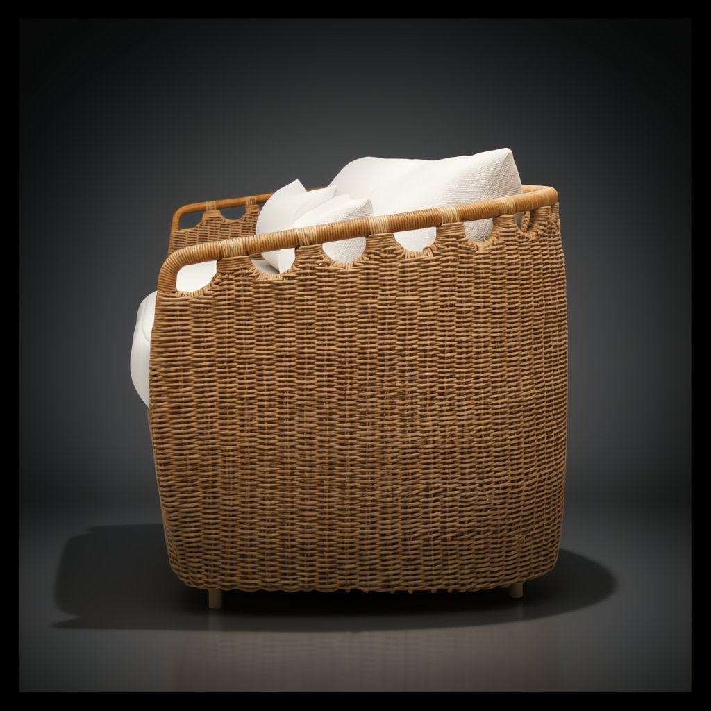 Marvella outdoor sofa with light brown woven rattan-style exterior and white cushions.