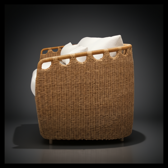 Marvella outdoor sofa with light brown woven rattan-style exterior and white cushions.