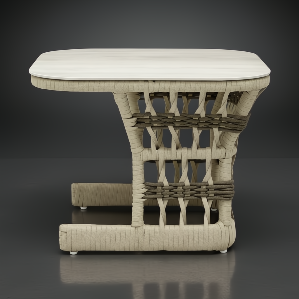 Surya Winder outdoor end table with cream aluminum top and handwoven PE rope detail.