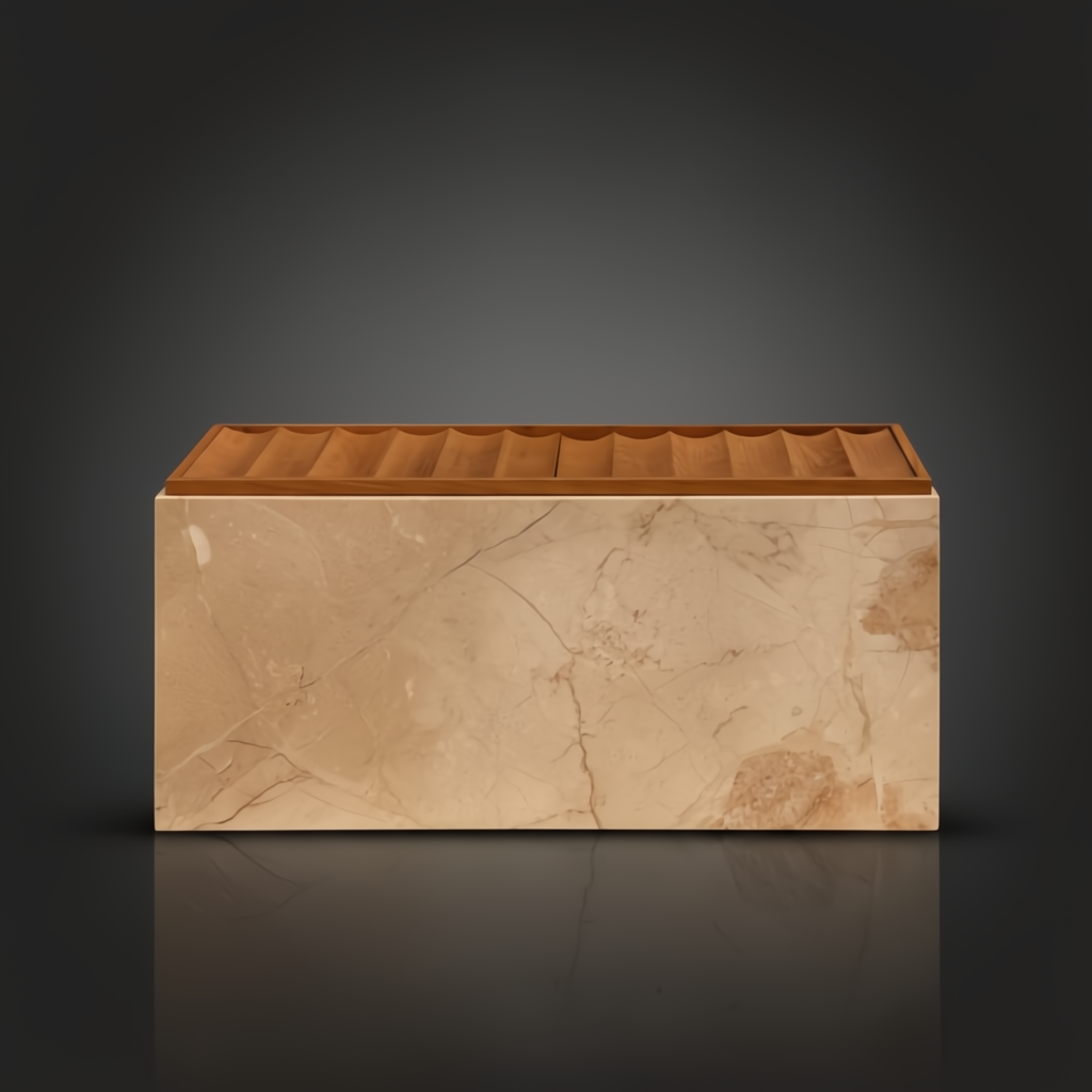Beige marble and white oak mid-century modern cabinet with a polished top and lacquered base.