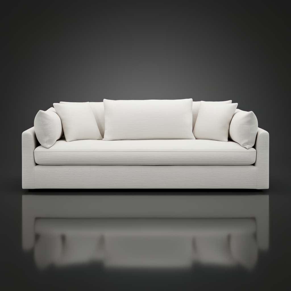 Surya Capitola off-white polyester/linen sofa with five pillows and a modern design.