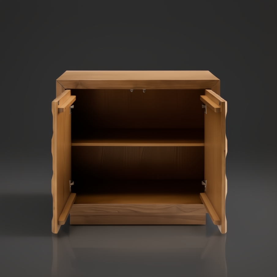 Surya Lulea Cabinet, beige natural ash wood veneer with open 3D patterned doors and adjustable shelf.