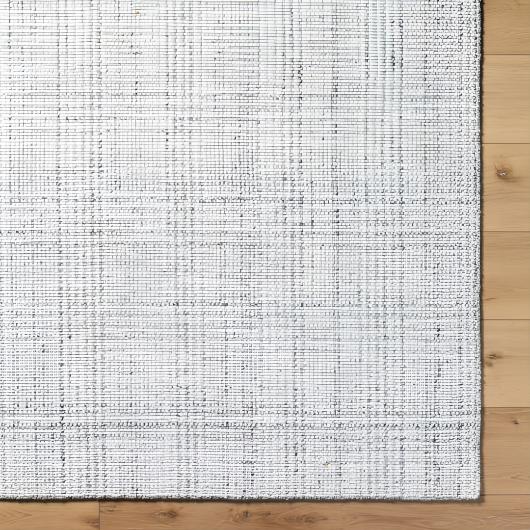 Surya Hope HOP-2303-P hand-loomed flatwoven rug in white, gray, and light slate recycled PET yarn.