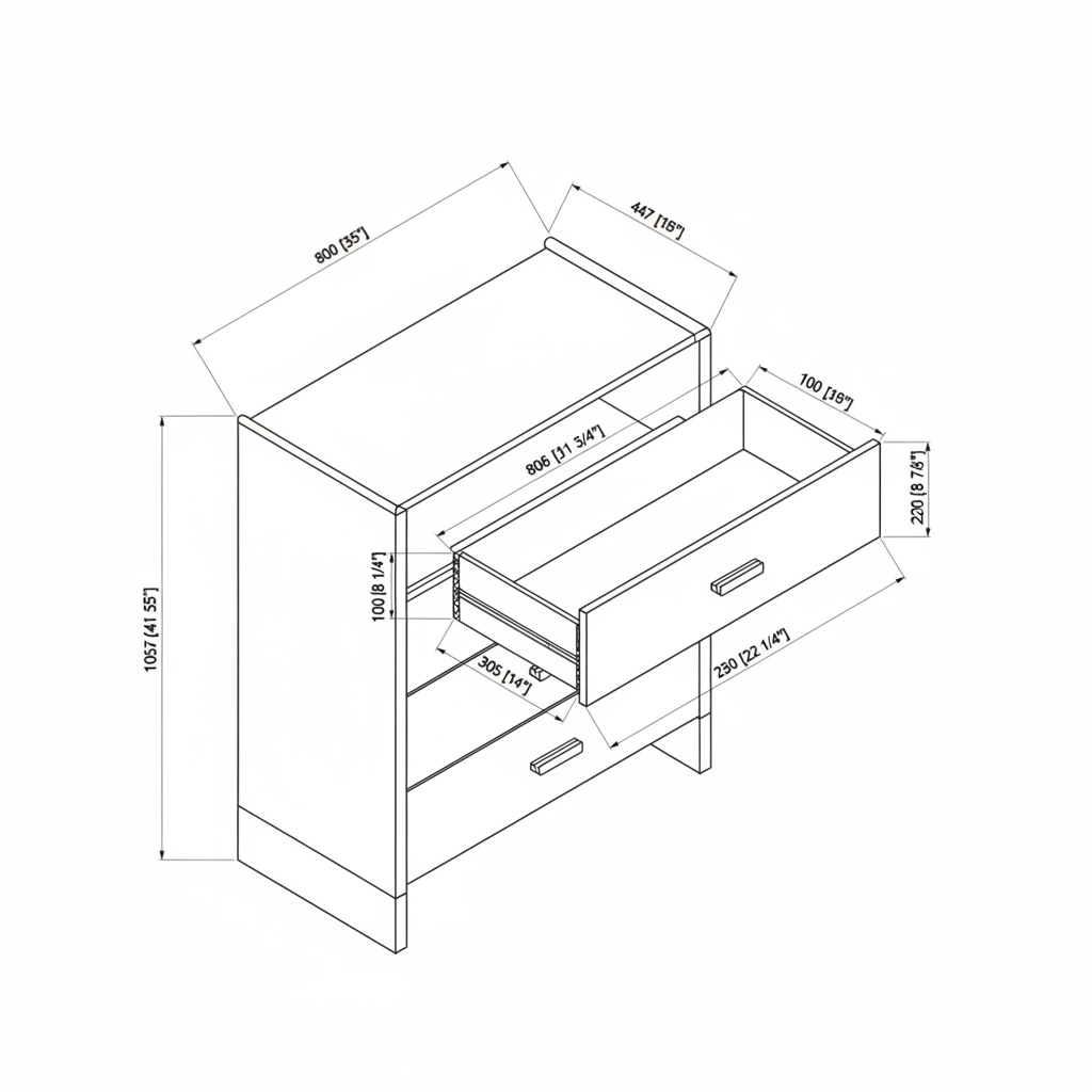 Line drawing of the Bodo Dresser, showing dimensions of its brown minimalist design with one drawer open.