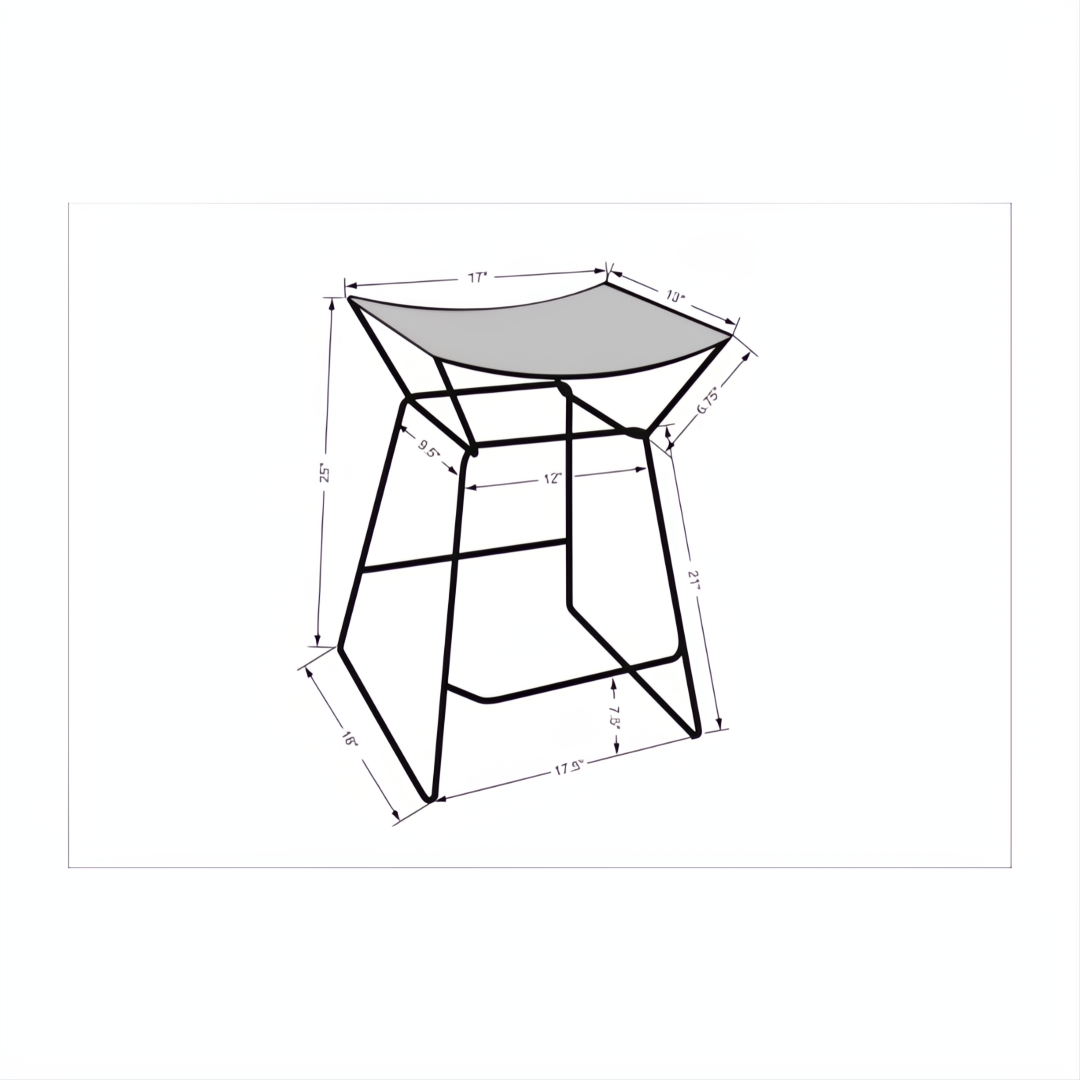 Surya Celerio counter stool with brown leather top, metallic bronze iron base, and dimensions.