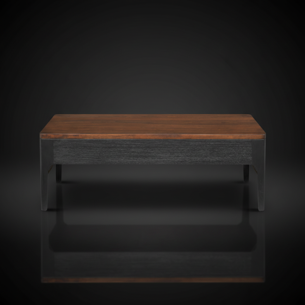 Surya Anello rectangular coffee table with brown wood veneer top and black/metallic brass steel base.